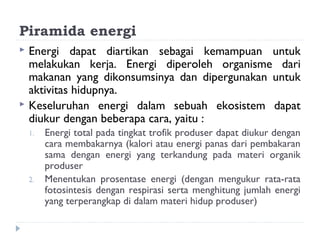 Piramida energi
 Energi dapat diartikan sebagai kemampuan untuk
  melakukan kerja. Energi diperoleh organisme dari
  makanan yang dikonsumsinya dan dipergunakan untuk
  aktivitas hidupnya.
 Keseluruhan energi dalam sebuah ekosistem dapat
  diukur dengan beberapa cara, yaitu :
    1.   Energi total pada tingkat trofik produser dapat diukur dengan
         cara membakarnya (kalori atau energi panas dari pembakaran
         sama dengan energi yang terkandung pada materi organik
         produser
    2.   Menentukan prosentase energi (dengan mengukur rata-rata
         fotosintesis dengan respirasi serta menghitung jumlah energi
         yang terperangkap di dalam materi hidup produser)
 