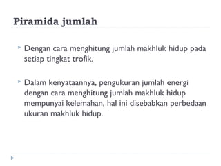 Piramida jumlah

   Dengan cara menghitung jumlah makhluk hidup pada
    setiap tingkat trofik.

   Dalam kenyataannya, pengukuran jumlah energi
    dengan cara menghitung jumlah makhluk hidup
    mempunyai kelemahan, hal ini disebabkan perbedaan
    ukuran makhluk hidup.
 