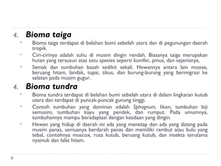 4.       Bioma taiga
         Bioma taiga terdapat di belahan bumi sebelah utara dan di pegunungan daerah
          tropik.
         Ciri-cirinya adalah suhu di musim dingin rendah. Biasanya taiga merupakan
          hutan yang tersusun atas satu spesies seperti konifer, pinus, dan sejenisnya.
         Semak dan tumbuhan basah sedikit sekali. Hewannya antara lain moose,
          beruang hitam, landak, tupai, tikus, dan burung-burung yang bermigrasi ke
          selatan pada musim gugur.  
4.       Bioma tundra
         Bioma tundra terdapat di belahan bumi sebelah utara di dalam lingkaran kutub
          utara dan terdapat di puncak-puncak gunung tinggi.
         Contoh tumbuhan yang dominan adalah Sphagnum, liken, tumbuhan biji
          semusim, tumbuhan kayu yang pendek, dan rumput. Pada umumnya,
          tumbuhannya mampu beradaptasi dengan keadaan yang dingin.
         Hewan yang hidup di daerah ini ada yang menetap dan ada yang datang pada
          musim panas, semuanya berdarah panas dan memiliki rambut atau bulu yang
          tebal, contohnya muscox, rusa kutub, beruang kutub, dan insekta terutama
          nyamuk dan lalat hitam.
 