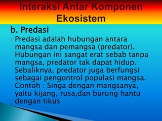 b. Predasi
   Predasi adalah hubungan antara
    mangsa dan pemangsa (predator).
    Hubungan ini sangat erat sebab tanpa
    mangsa, predator tak dapat hidup.
    Sebaliknya, predator juga berfungsi
    sebagai pengontrol populasi mangsa.
    Contoh : Singa dengan mangsanya,
    yaitu kijang, rusa,dan burung hantu
    dengan tikus
 