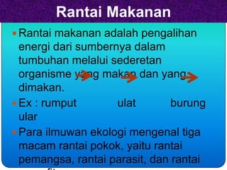 Rantai Makanan
 Rantai makanan adalah pengalihan
  energi dari sumbernya dalam
  tumbuhan melalui sederetan
  organisme yang makan dan yang
  dimakan.
 Ex : rumput        ulat       burung
  ular
 Para ilmuwan ekologi mengenal tiga
  macam rantai pokok, yaitu rantai
  pemangsa, rantai parasit, dan rantai
 