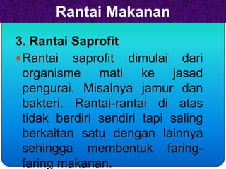 Rantai Makanan
3. Rantai Saprofit
 Rantai saprofit dimulai dari
  organisme mati ke jasad
  pengurai. Misalnya jamur dan
  bakteri. Rantai-rantai di atas
  tidak berdiri sendiri tapi saling
  berkaitan satu dengan lainnya
  sehingga membentuk faring-
  faring makanan.
 