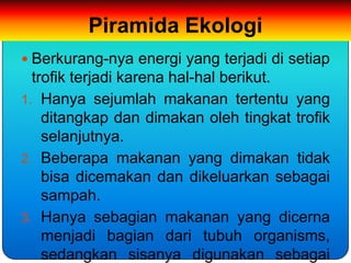 Piramida Ekologi
 Berkurang-nya energi yang terjadi di setiap
  trofik terjadi karena hal-hal berikut.
1. Hanya sejumlah makanan tertentu yang
    ditangkap dan dimakan oleh tingkat trofik
    selanjutnya.
2. Beberapa makanan yang dimakan tidak
    bisa dicemakan dan dikeluarkan sebagai
    sampah.
3. Hanya sebagian makanan yang dicerna
    menjadi bagian dari tubuh organisms,
    sedangkan sisanya digunakan sebagai
 