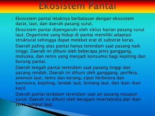    Ekosistem pantai letaknya berbatasan dengan ekosistem
    darat, laut, dan daerah pasang surut.
   Ekosistem pantai dipengaruhi oleh siklus harian pasang surut
    laut. Organisme yang hidup di pantai memiliki adaptasi
    struktural sehingga dapat melekat erat di substrat keras.
   Daerah paling atas pantai hanya terendam saat pasang naik
    tinggi. Daerah ini dihuni oleh beberapa jenis ganggang,
    moluska, dan remis yang menjadi konsumsi bagi kepiting dan
    burung pantai.
   Daerah tengah pantai terendam saat pasang tinggi dan
    pasang rendah. Daerah ini dihuni oleh ganggang, porifera,
    anemon laut, remis dan kerang, siput herbivora dan
    karnivora, kepiting, landak laut, bintang laut, dan ikan-ikan
    kecil.
   Daerah pantai terdalam terendam saat air pasang maupun
    surut. Daerah ini dihuni oleh beragam invertebrata dan ikan
    serta rumput laut.
 