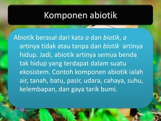 Komponen abiotik

Abiotik berasal dari kata a dan biotik, a
  artinya tidak atau tanpa dan biotik artinya
  hidup. Jadi, abiotik artinya semua benda
  tak hidup yang terdapat dalam suatu
  ekosistem. Contoh komponen abiotik ialah
  air, tanah, batu, pasir, udara, cahaya, suhu,
  kelembapan, dan gaya tarik bumi.
 