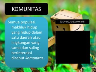 KOMUNITAS

Semua populasi         KLIK VIDEO DIBAWAH INI !

  makhluk hidup
  yang hidup dalam
  satu daerah atau
  lingkungan yang
  sama dan saling
  berinteraksi
  disebut komunitas.
 