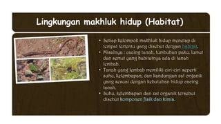 Lingkungan makhluk hidup (Habitat)
• Setiap kelompok makhluk hidup menetap di
tempat tertentu yang disebut dengan habitat.
• Misalnya : cacing tanah, tumbuhan paku, lumut
dan semut yang habitatnya ada di tanah
lembab.
• Tanah yang lembab memiliki ciri-ciri seperti
suhu, kelembapan, dan kandungan zat organik
yang sesuai dengan kebutuhan hidup cacing
tanah.
• Suhu, kelembapan dan zat organik tersebut
disebut komponen fisik dan kimia.
 
