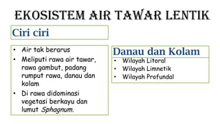Ekosistem Air Tawar Lentik
Ciri ciri
Danau dan Kolam• Air tak berarus
• Meliputi rawa air tawar,
rawa gambut, padang
rumput rawa, danau dan
kolam
• Di rawa didominasi
vegetasi berkayu dan
lumut Sphagnum.
• Wilayah Litoral
• Wilayah Limnetik
• Wilayah Profundal
 
