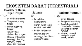 Ekosistem Darat (Terestrial)
Ekosistem Hutan
Hujan Tropis Savana
• Ciri
– Di wil khatulistiwa
– Temperatur yang
tinggi
– Curah hujan yg
tinggi
– Pohon tinggi
rimbun, heterogen
– Hewan, antaralain
serangga, burung,
monyet, orang
utan, dan harimau
• Ciri
– Di sekitar
khatulistiwa
– Curah hujan lebih
rendah dari HHT
– Pohon terpencar
– Hewan, seperti
serangga, herbivora
dan karniivora
Padang Rumput
• Ciri
– Di wil sedang
– Temperatur sedang
– Curah hujan lebih
rendah dari savana
– Vegetasi dominan
rumput
– Hewan, seperti
serigala, tupai
tanah, kelinci
 