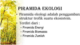 Piramida Ekologi
• Piramida ekologi adalah penggambara
struktur trofik suatu ekosistem.
• Terdiri dari :
– Piramida Energi
– Piramida Biomassa
– Piramida Jumlah
 
