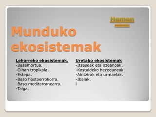 Munduko
ekosistemak
Lehorreko ekosistemak.   Uretako ekosistemak
-Basamortua.             -Itsasoak eta ozeanoak.
-Oihan tropikala.        -Kostaldeko hezeguneak.
-Estepa.                 -Aintzirak eta urmaelak.
-Baso hostoerrokorra.    -Ibaiak.
-Baso meditarranearra.   l
-Taiga.
 