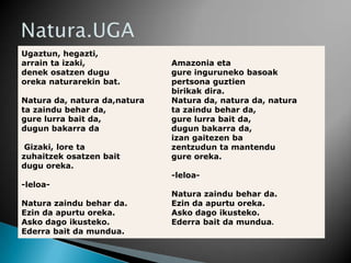 Ugaztun, hegazti,
  arrain ta izaki,            Amazonia eta
. denek osatzen dugu          gure inguruneko basoak
  oreka naturarekin bat.      pertsona guztien
                              birikak dira.
Natura da, natura da,natura   Natura da, natura da, natura
ta zaindu behar da,           ta zaindu behar da,
gure lurra bait da,           gure lurra bait da,
dugun bakarra da              dugun bakarra da,
                              izan gaitezen ba
 Gizaki, lore ta              zentzudun ta mantendu
zuhaitzek osatzen bait        gure oreka.
dugu oreka.
                              -leloa-
-leloa-
                              Natura zaindu behar da.
Natura zaindu behar da.       Ezin da apurtu oreka.
Ezin da apurtu oreka.         Asko dago ikusteko.
Asko dago ikusteko.           Ederra bait da mundua.
Ederra bait da mundua.
 