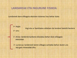 Landareek bere elikagaia ekoizten dutenez hau behar dute:
 Argia:
 Ura :
Argi eta ur kantitatea aldatzen da landare batetik bestera
 Airea: landerek karbono dioxidoa behar dute elikagaia
ekoizteko
 Lurzorua: landereek beren elikagia sortzeko behar duten ura
eta gatz mineralak ditu.
 