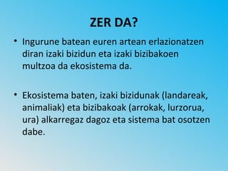 ZER DA?
• Ingurune batean euren artean erlazionatzen
  diran izaki bizidun eta izaki bizibakoen
  multzoa da ekosistema da.

• Ekosistema baten, izaki bizidunak (landareak,
  animaliak) eta bizibakoak (arrokak, lurzorua,
  ura) alkarregaz dagoz eta sistema bat osotzen
  dabe.
 