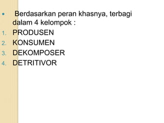  Berdasarkan peran khasnya, terbagi
dalam 4 kelompok :
1. PRODUSEN
2. KONSUMEN
3. DEKOMPOSER
4. DETRITIVOR
 
