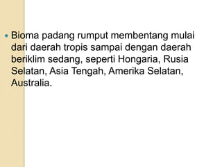 Bioma padang rumput membentang mulai
dari daerah tropis sampai dengan daerah
beriklim sedang, seperti Hongaria, Rusia
Selatan, Asia Tengah, Amerika Selatan,
Australia.
 