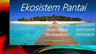 Ekosistem Pantai
Di Susun Oleh :
Samsul Bahari 3201509015
Abdul Wahid 3201509018
Eru Erandi 3201509019
 