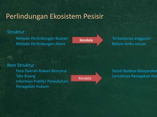 Perlindungan Ekosistem Pesisir
Struktur :
    Metode Perlindungan Buatan     Kendala   Terbatasnya anggaran
    Metode Perlindungan Alami                Belum tentu sesuai



Non Struktur :
    Peta Daerah Rawan Bencana                Sosial Budaya Masyarakat
    Tata Ruang                     Kendala
                                             Lemahnya Penegakan Huk
    Informasi Publik/ Penyuluhan
    Penegakan Hukum
 