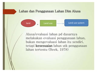 Lahan dan Penggunaan Lahan Dlm Alusa
land Land use Land use system
+
Alusa/evaluasi lahan pd dasarnya
melakukan evaluasi penggunaan lahan,
bukan mengevaluasi lahan itu sendiri,
tetapi kesesuaian lahan utk penggunaan
lahan tertentu (Beek, 1978)
 