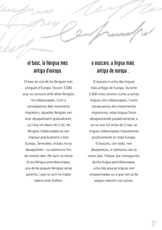 el basc, la llengua més                 o éuscaro, a lingua máis
       antiga d’europa.                       antiga de europa .
 El basc és una de les llengües més         O éuscaro é unha das linguas
 antigues d’Europa. Durant 3.000           máis antigas de Europa. Durante
anys va conviure amb altres llengües     3.000 anos conviviu xunto a outras
     no indoeuropees. Com a               linguas non indoeuropeas. Como
   conseqüència dels moviments             consecuencia dos movementos
 migratoris, aquestes llengües van         migratorios, estas linguas foron
 anar desapareixent gradualment,          desaparecendo paulatinamente, e
  i ja l’any mil abans de Crist, les       xa no ano mil antes de Cristo, as
   llengües indoeuropees es van          linguas indoeuropeas impuxéronse
    imposar pràcticament a tota            practicamente en toda Europa.
 Europa. Tanmateix, el basc no va             O éuscaro, con todo, non
  desaparèixer, i va sobreviure fins       desapareceu, e sobreviviu ata os
 als nostres dies. Per tant, es tracta   nosos días. Trátase, por conseguinte,
  d’una llengua preindoeuropea,             dunha lingua preindoeuropea,
 una de les poques llengües sense           unha das poucas linguas non
  parentiu i que no se li ha trobat       emparentadas ou á que non se lle
        relació amb d’altres.                atopou relación con outras.




                                                                                 27
 