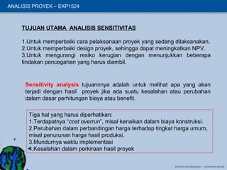 ANALISIS PROYEK – EKP1524

TUJUAN UTAMA ANALISIS SENSITIVITAS
1.Untuk memperbaiki cara pelaksanaan proyek yang sedang dilaksanakan.
2.Untuk memperbaiki design proyek, sehingga dapat meningkatkan NPV.
3.Untuk mengurangi resiko kerugian dengan menunjukkan beberapa
tindakan pencegahan yang harus diambil.

Sensitivity analysis tujuannnya adalah untuk melihat apa yang akan
terjadi dengan hasil proyek jika ada suatu kesalahan atau perubahan
dalam dasar perhitungan biaya atau benefit.
Tiga hal yang harus diperhatikan:
1.Terdapatnya “cost overrun”, misal kenaikan dalam biaya konstruksi.
2.Perubahan dalam perbandingan harga terhadap tingkat harga umum,
misal penurunan harga hasil produksi.
3.Mundurnya waktu implementasi
4.Kesalahan dalam perkiraan hasil proyek
ekonomi pembangunan – universitas jember

 