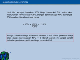 ANALISIS PROYEK – EKP1524

Jadi bila terdapat kenaikan 10% biaya konstruksi SS, maka akan
menurunkan NPV sebesar 476%. Dengan demikian agar NPV itu menjadi
0% kenaikan biaya konstruksi harus:
= 10% x 100% = 2.10%
476%

Artinya: kenaikan biaya konstruksi sebesar 2.10% diatas perkiraan biaya
akan dapat menyebabkan NPV = 0. Berarti proyek ini sangat sensitif
terhadap perubahan perkiraan biaya konstruksi SS

ekonomi pembangunan – universitas jember

 