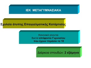 ΙΕΚ  ΜΕΤΑΓΥΜΝΑΣΙΑΚΑ Σχολεία άτυπης Επαγγελματικής Κατάρτισης  Κανονικά γίνονται  δεκτοί  απόφοιτοι Γυμνασίου  που έχουν περάσει τα 18 Διάρκεια σπουδών:  2 εξάμηνα 