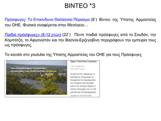 Πρόσφυγες- Το Επικίνδυνο Θαλάσσιο Πέρασμα (8΄)  Βίντεο της Ύπατης Αρμοστείας
του ΟΗΕ. Φυσικά αναφέρεται στην Μεσόγειο…
Παιδιά πρόσφυγες» (8-12 ετών) (22΄)   Πέντε παιδιά πρόσφυγες από το Σουδάν, την
Καμπότζη, το Αφγανιστάν και την Βοσνία-Ερζεγοβίνη περιγράφουν την εμπειρία τους
ως πρόσφυγες.
Το κανάλι στο youtube της Ύπατης Αρμοστείας του ΟΗΕ για τους Πρόσφυγες
ΒΙΝΤΕΟ *3
 