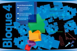 66 67
Bloque4 Contenido
Desafío 4
Seno, coseno y tangente
Prácticas
21.	 Sucesiones cuadráticas
22.	 Sólidos de revolución
23.	 Elementos de una línea recta
24.	 Elementos de un triángulo rectángulo
25.	 Las razones trigonométricas
26.	 La razón de cambio
27.	 Análisis en las gráficas
Matemáticas curiosas
	Expresiones generales
cuadráticas para definir el
enésimo término de una
sucesión.
	Problemas que implican el uso
de las razones trigonométricas
seno, coseno y tangente.
	El significado del rango y la
desviación media.
En este bloque estudiarás:
 