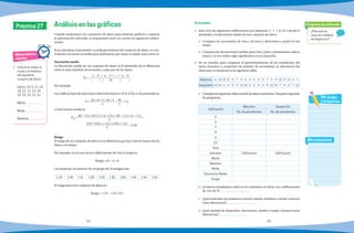 82 83
Práctica 27
Matemáticas
rápidas
¿Para qué se
usan las medidas
de dispersión?
Pregunta de reflexión
Mis respuestas
Mis dudas
y preguntas
Cuando analizamos los conjuntos de datos para elaborar gráficas y analizar
la información obtenida, es importante tener en cuenta las siguientes defini-
ciones.
Si ya calculaste el promedio o media geométrica del conjunto de datos, es con-
veniente encontrar la media para determinar que tanto se alejan estos entre sí.
Desviación media
La desviación media de un conjunto de datos es el promedio de la diferencia
entre el valor absoluto de la media y cada uno de los datos.
Dx
=
x1
− x + x2
− x + ... + xn
− x
N
Por ejemplo:
LascalificacionesdeAnaenlos5bimestresfueron:10,8,4,10y4.Supromedioes:
P = 10 + 8 + 4 + 10 + 4
5
=
36
5
= 7.2
La desviación media es
DM
=
10 − 7.2 + 8.7.2 + 4 −7.2 + 10 − 7.2 + 4 − 7.2
5
=
2.8 + 0.8 + −3.2 + 2.8 + − 3.2
5
						 = 2.56
Rango
El rango de un conjunto de datos es la diferencia que hay entre el mayor de los
datos y el menor.
Por ejemplo, en el caso de las calificaciones de Ana el rango es:
Rango =10 − 4 = 6
Las estaturas (en metros) de un grupo de 10 amigos son:
1.42 1.40 1.41 1.35 1.43 1.50 1.55 1.49 1.49 1.43
El rango para este conjunto de datos es:
Rango = 1.55 − 1.35 = 0.2
Análisis en las gráficas
1.	 Calcula la media, la
moda y la mediana
del siguiente
conjunto de datos.
	 Datos: 10, 9, 11, 15,
13, 12, 11, 13, 15,
20, 15, 13, 12, 11.
	Media:
	Moda:
	Mediana:
1.	 Juan tuvo las siguientes calificaciones por bimestre: 7, 7, 7, 8 y 8. Calcula el
promedio y la desviación media de este conjunto de datos.
a)	 Compara los promedios de Ana y de Juan y determina a quién le fue
mejor.
b)	 Compara las desviaciones medias para Ana y Juan y determinen cuál es
mayor y si eso indica algo significativo en la situación.
2.	 En un estudio, para comparar el aprovechamiento de los estudiantes del
turno matutino y vespertino de primero de secundaria, se obtuvieron los
datos que se muestran en la siguiente tabla.
Matutino 6 10 10 8 8 7 9 6 8 5 8 8 7 9 9 10 9 10 6 7
Vespertino 10 10 6 8 9 5 10 10 6 6 8 9 8 10 10 7 6 5 7 10
a)	 Completalasiguientetablausandolosdatosanteriores. Despuésresponde
las preguntas.
Calificación
Matutino Vespertino
No. de estudiantes No. de estudiantes
5
6
7
8
9
10
Total
Indicador Calificación Calificación
Media
Mediana
Moda
Desviación Media
Rango
b)	 ¿Cuántos estudiantes están en los extremos, es decir, con calificaciones
de 10 o de 5?
c)	 ¿Qué indicador de tendencia central (media, mediana o moda) muestra
estas diferencias?
d)	 ¿Qué medida de dispersión (desviación, media o rango) muestra estas
diferencias?
Actividades
 
