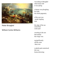 According to Brueghel
when Icarus fell
it was spring
a farmer was ploughing
his field
the whole pageantry
of the year was
awake tingling
near
the edge of the sea
concerned
with itself
sweating in the sun
that melted
the wings' wax
unsignificantly
off the coast
there was
a splash quite unnoticed
this was
Icarus drowning
Pieter Brueghel
William Carlos Williams
 