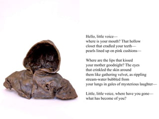 Hello, little voice—
where is your mouth? That hollow
closet that cradled your teeth—
pearls lined up on pink cushions—
Where are the lips that kissed
your mother goodnight? The eyes
that crinkled the skin around
them like gathering velvet, as rippling
stream-water bubbled from
your lungs in gales of mysterious laughter—
Little, little voice, where have you gone—
what has become of you?
 