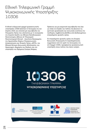 28
Η εθνική τηλεφωνική γραμμή ψυχοκοινωνικής
υποστήριξης 10306 ξεκίνησε τη λειτουργία της τον
Απρίλιο 2020, και αποτελεί μία πρωτοβουλία του
Υπουργείου Υγείας που υλοποιείται με τη συνεργασία
της Ιατρικής Σχολής του Εθνικού Καποδιστριακού
Πανεπιστημίου Αθηνών (Α’ Ψυχιατρική
Πανεπιστημιακή Κλινική - Αιγινήτειο Νοσοκομείο),
της Ομοσπονδίας Φορέων Ψυχοκοινωνικής
Αποκατάστασης και Ψυχικής Υγείας «ΑΡΓΩ», του
Εθνικού Κέντρου Κοινωνικής Αλληλεγγύης, του
Οργανισμού «Χαμόγελο του Παιδιού» και την
υποστήριξη του Ιδρύματος Σταύρος Νιάρχος.
Πρόκειται για μια σημαντική πρωτοβουλία που έχει
ως στόχο να στηρίξει του πολίτες που βιώνουν τις
αρνητικές ψυχολογικές και κοινωνικές συνέπειες της
πανδημίας, λαμβάνοντας βοήθεια από εξειδικευμένους
επαγγελματίες ψυχικής υγείας.
Οι επαγγελματίες ψυχικής υγείας της Εταιρίας
Κοινωνικής Ψυχιατρικής Π. Σακελλαρόπουλος
συμμετέχουν από την αρχή της λειτουργίας της
στη Γραμμή 10306, προσφέροντας ψυχοκοινωνική
υποστήριξη στους πολίτες που έχουν ανάγκη.
Eθνική Τηλεφωνική Γραμμή
Ψυχοκοινωνικής Υποστήριξης
10306
 