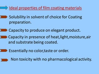 Ideal properties of film coating materials
Capacity to produce on elegant product.
Solubility in solvent of choice for Coating
preparation.
Capacity in presence of heat,light,moisture,air
and substrate being coated.
Essentially no color,taste or order.
Non toxicity with no pharmacological activity.
 