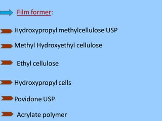 Film former:
Hydroxypropyl methylcellulose USP
Methyl Hydroxyethyl cellulose
Ethyl cellulose
Hydroxypropyl cells
Povidone USP
Acrylate polymer
 