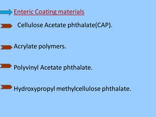 Enteric Coating materials
Cellulose Acetate phthalate(CAP).
Acrylate polymers.
Polyvinyl Acetate phthalate.
Hydroxypropyl methylcellulose phthalate.
 