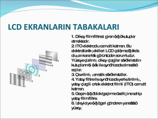 LCD EKRANLARIN TABAKALARI 1. Dikey film filtresi giren ışığı kutuplar etmektedir. 2. ITO elektrodlu cam alt katman. Bu elektrotların şekilleri LCD çalışmadığında oluşan karanlık görüntüden sorumludur. Yüzeye çizilmiş dikey çizgiler sıvı kristalin kutuplanmış ışık ile aynı hizada olmasını sağlar. 3. Çevrilmiş şematik sıvı kristaller. 4. Yatay filtre ile aynı hizada yerleştirilmiş, yatay çizgili ortak elektrot filmli (ITO) cam alt katman. 5. Geçen ışığı blok/geçirme özelliğine sahip yatay film filtre. 6. İzleyiciye ışığı geri gönderen yansıtıcı yüzey. 