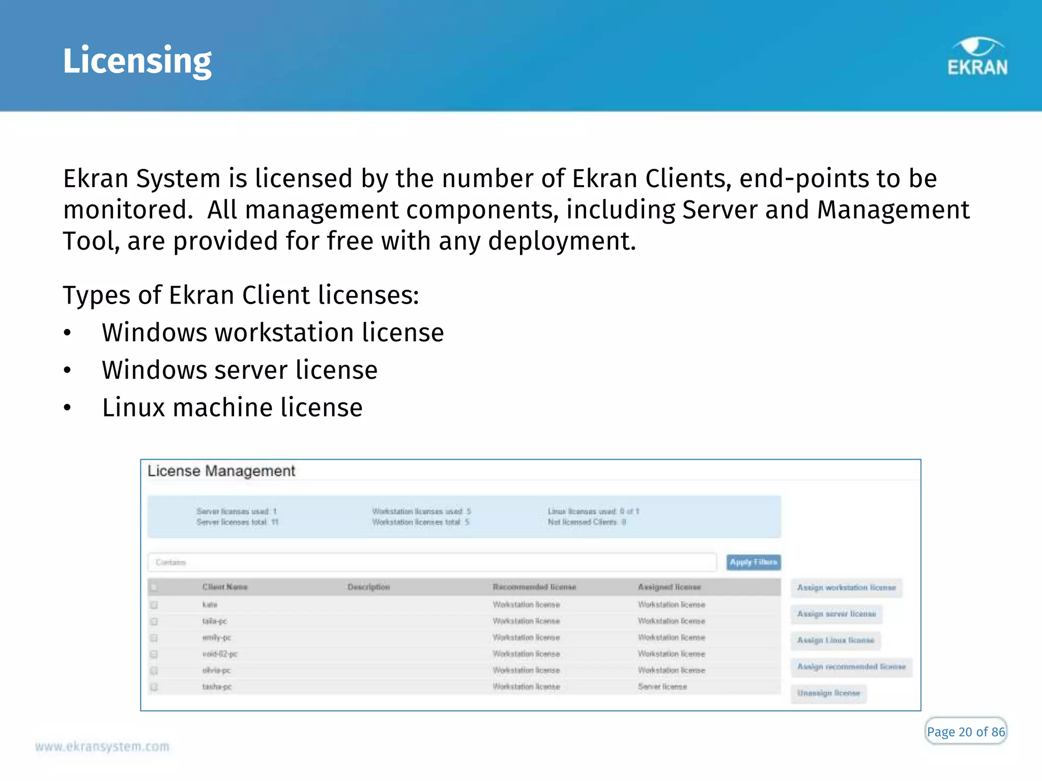 Licensing
Page 20 of 86
Ekran System is licensed by the number of Ekran Clients, end-points to be
monitored. All management components, including Server and Management
Tool, are provided for free with any deployment.
Types of Ekran Client licenses:
• Windows workstation license
• Windows server license
• Linux machine license
 