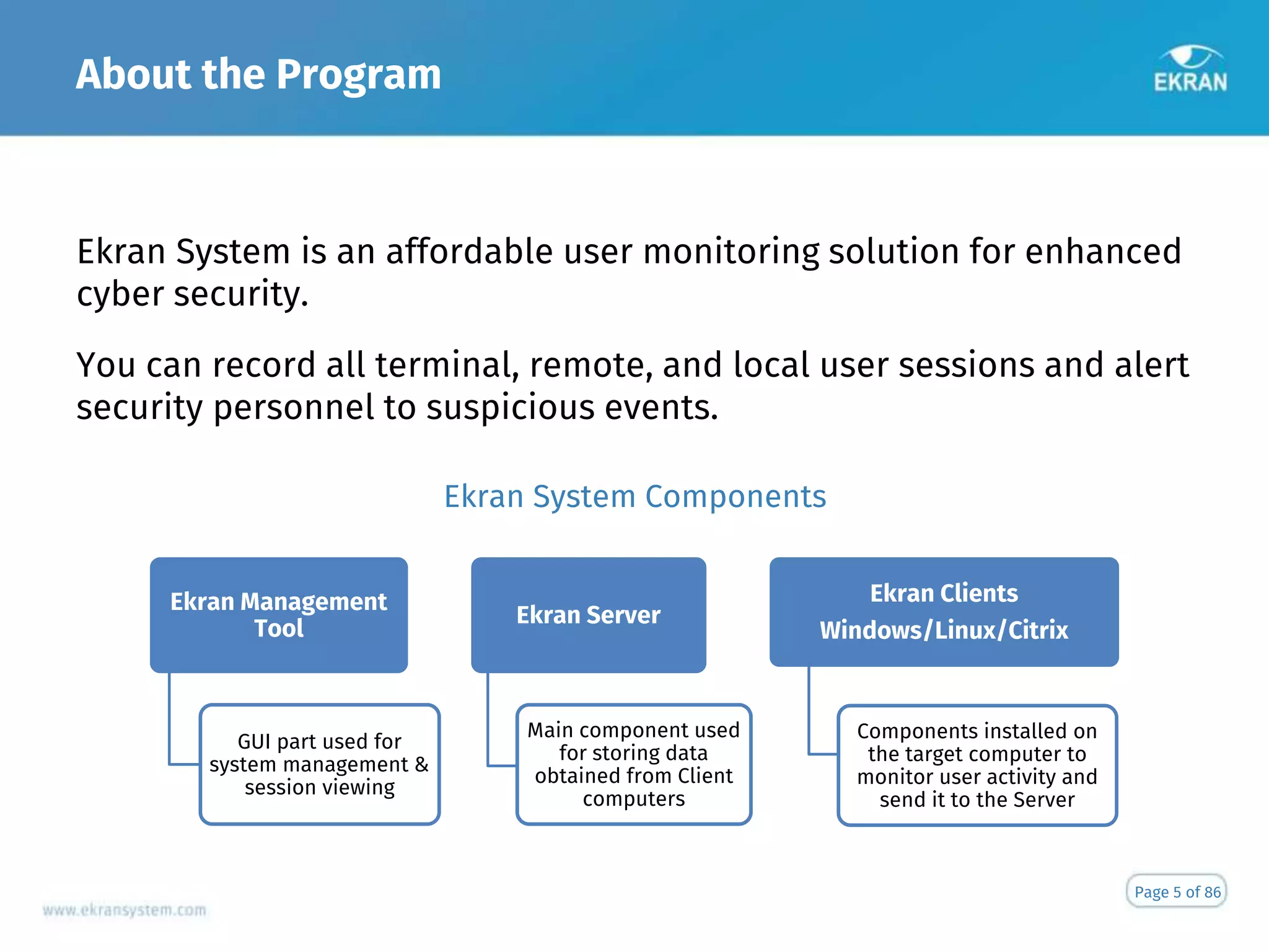 About the Program
Ekran System is an affordable user monitoring solution for enhanced
cyber security.
You can record all terminal, remote, and local user sessions and alert
security personnel to suspicious events.
Page 5 of 86
Ekran Management
Tool
GUI part used for
system management &
session viewing
Ekran Server
Main component used
for storing data
obtained from Client
computers
Ekran Clients
Windows/Linux/Citrix
Components installed on
the target computer to
monitor user activity and
send it to the Server
Ekran System Components
 