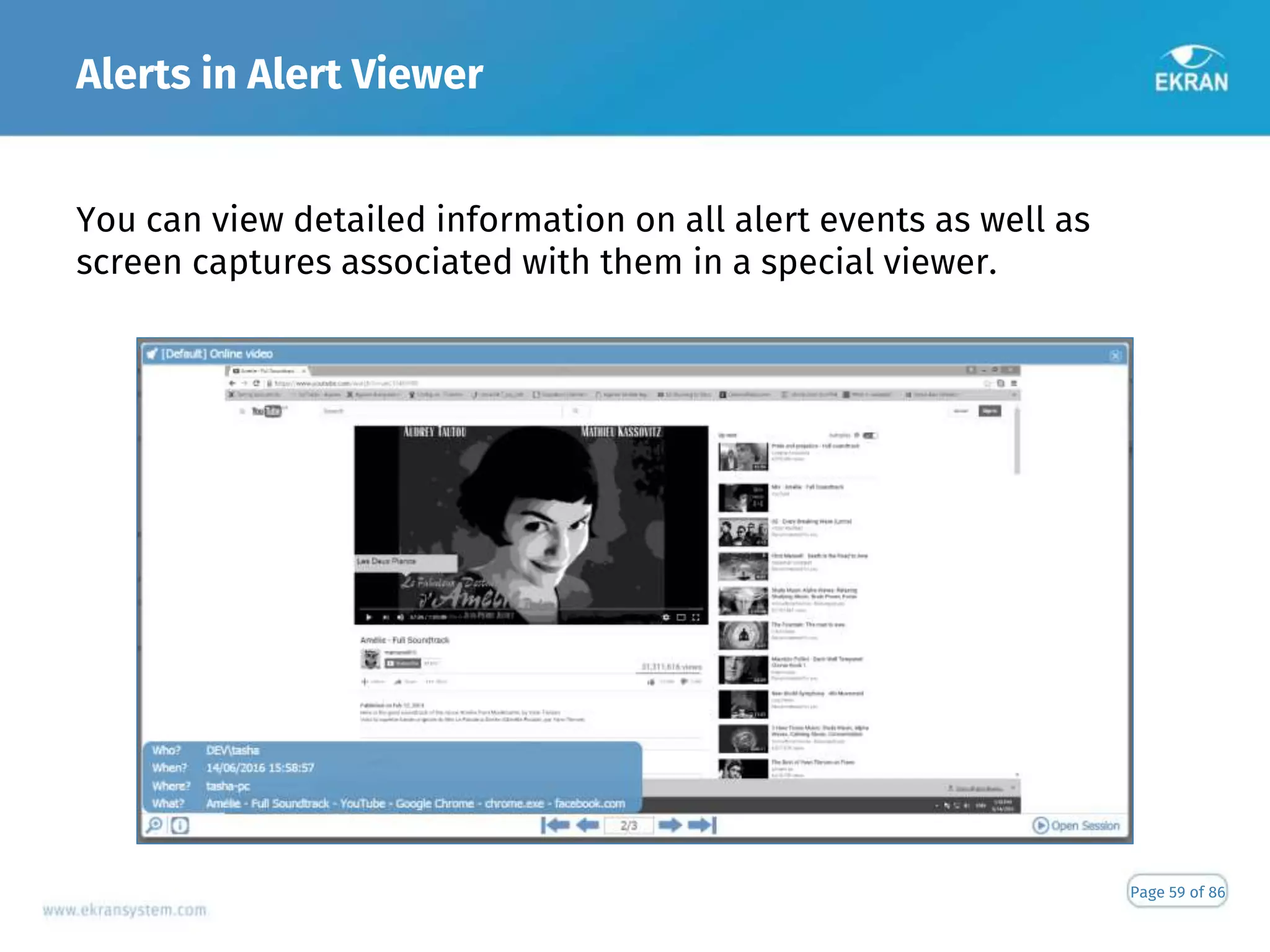 Alerts in Alert Viewer
Page 59 of 86
You can view detailed information on all alert events as well as
screen captures associated with them in a special viewer.
 