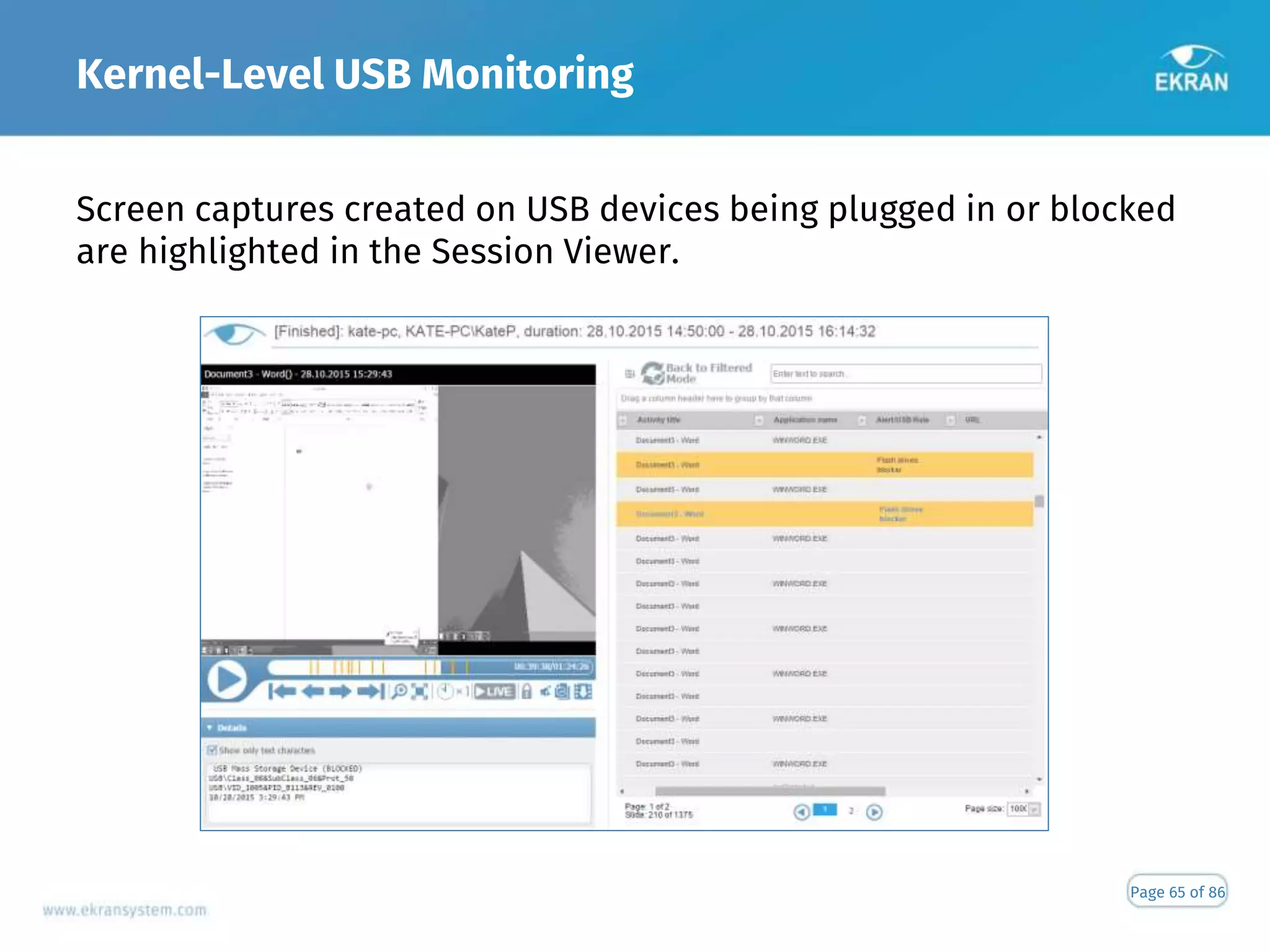 Kernel-Level USB Monitoring
Page 65 of 86
Screen captures created on USB devices being plugged in or blocked
are highlighted in the Session Viewer.
 