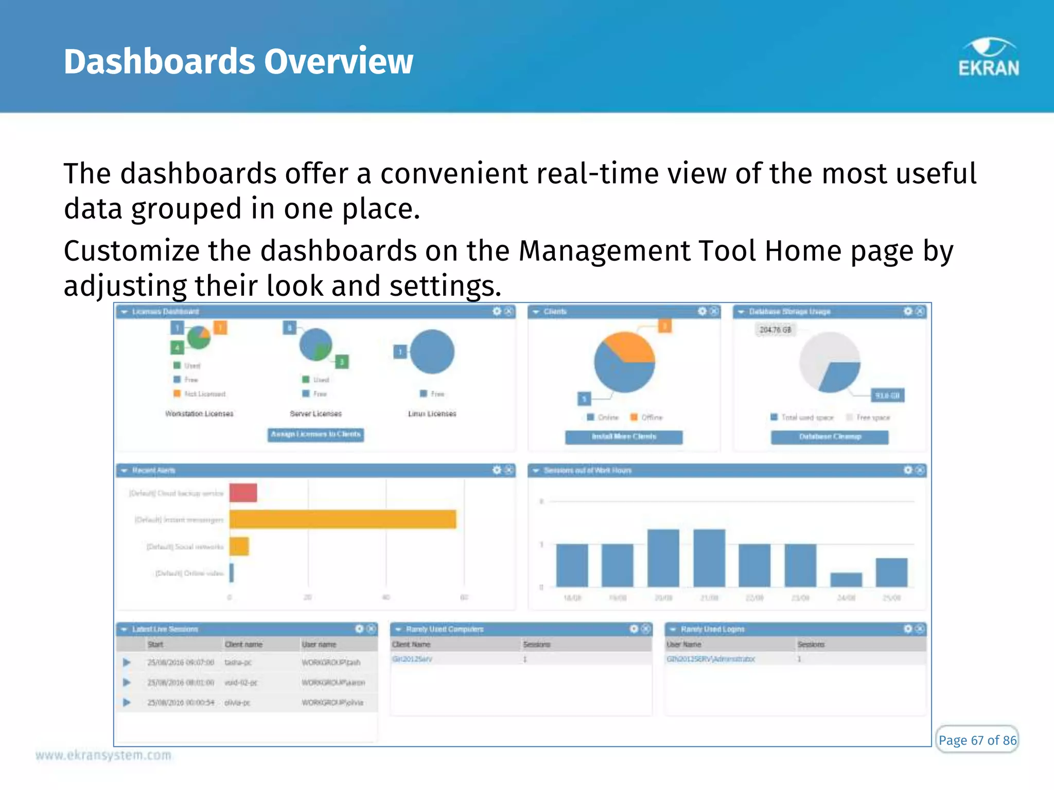 Dashboards Overview
Page 67 of 86
The dashboards offer a convenient real-time view of the most useful
data grouped in one place.
Customize the dashboards on the Management Tool Home page by
adjusting their look and settings.
 