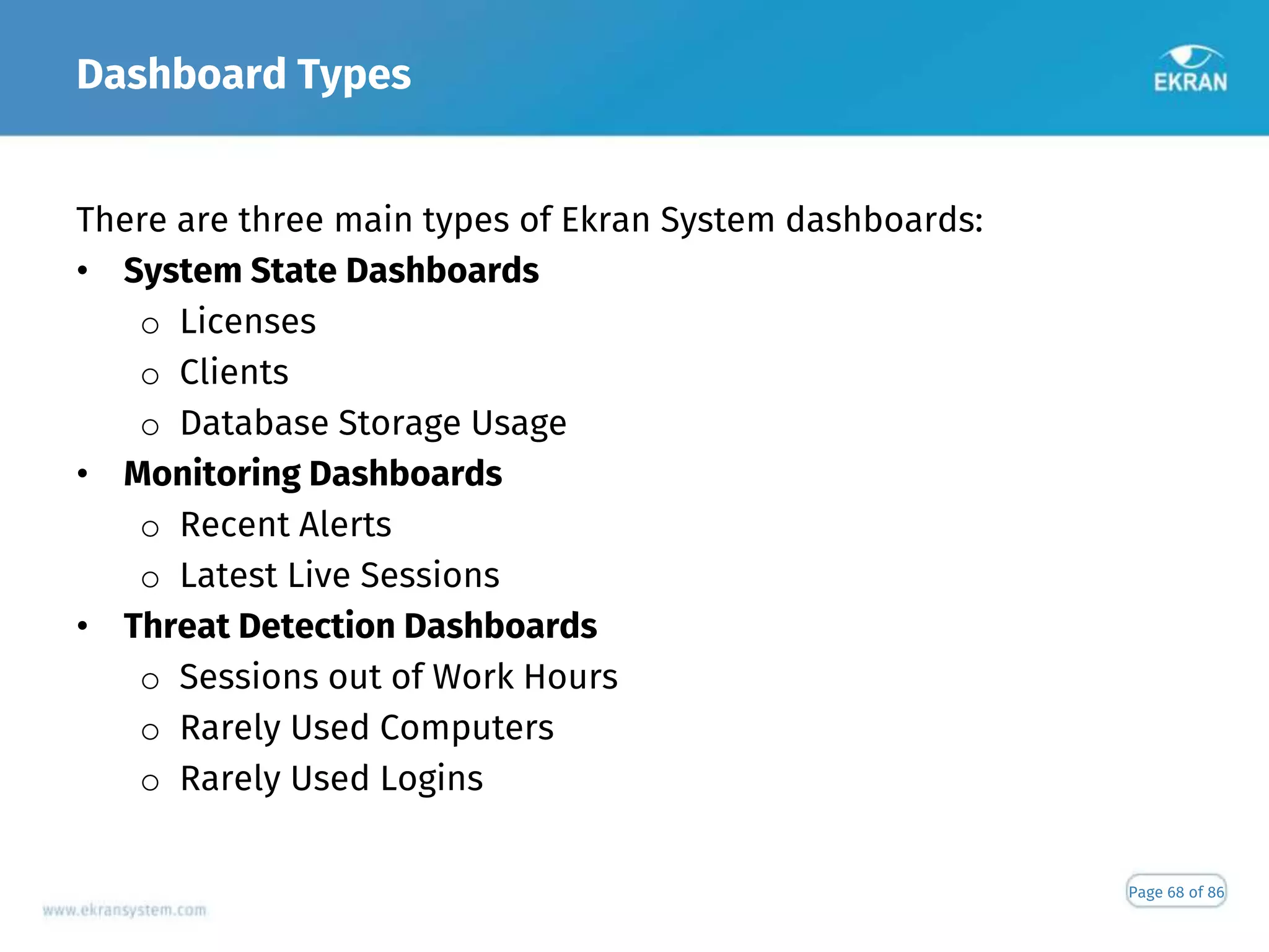 Dashboard Types
Page 68 of 86
There are three main types of Ekran System dashboards:
• System State Dashboards
o Licenses
o Clients
o Database Storage Usage
• Monitoring Dashboards
o Recent Alerts
o Latest Live Sessions
• Threat Detection Dashboards
o Sessions out of Work Hours
o Rarely Used Computers
o Rarely Used Logins
 