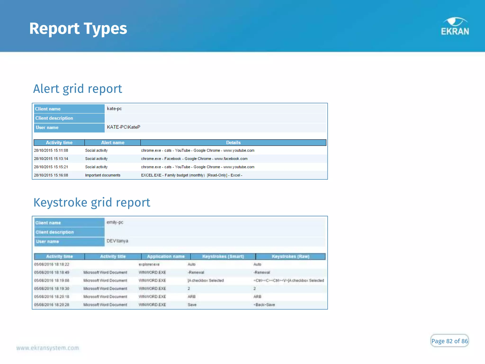 Report Types
Page 82 of 86
Alert grid report
Keystroke grid report
 