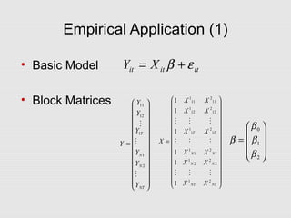 Empirical Application (1)
• Basic Model
• Block Matrices
ititit XY εβ +=




























=
NT
N
N
T
Y
Y
Y
Y
Y
Y
Y



2
1
1
12
11




























=
NTNT
NN
NN
TT
XX
XX
XX
XX
XX
XX
X
21
2
2
2
1
1
2
1
1
1
2
1
1
12
2
12
1
11
2
11
1
1
1
1
1
1
1













=
2
1
0
β
β
β
β
 