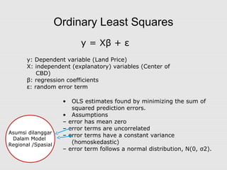 Ordinary Least Squares
y = Xβ + ε
y: Dependent variable (Land Price)
X: independent (explanatory) variables (Center of
CBD)
β: regression coefficients
ε: random error term
• OLS estimates found by minimizing the sum of
squared prediction errors.
• Assumptions
– error has mean zero
– error terms are uncorrelated
– error terms have a constant variance
(homoskedastic)
– error term follows a normal distribution, N(0, σ2).
Asumsi dilanggar
Dalam Model
Regional /Spasial
 