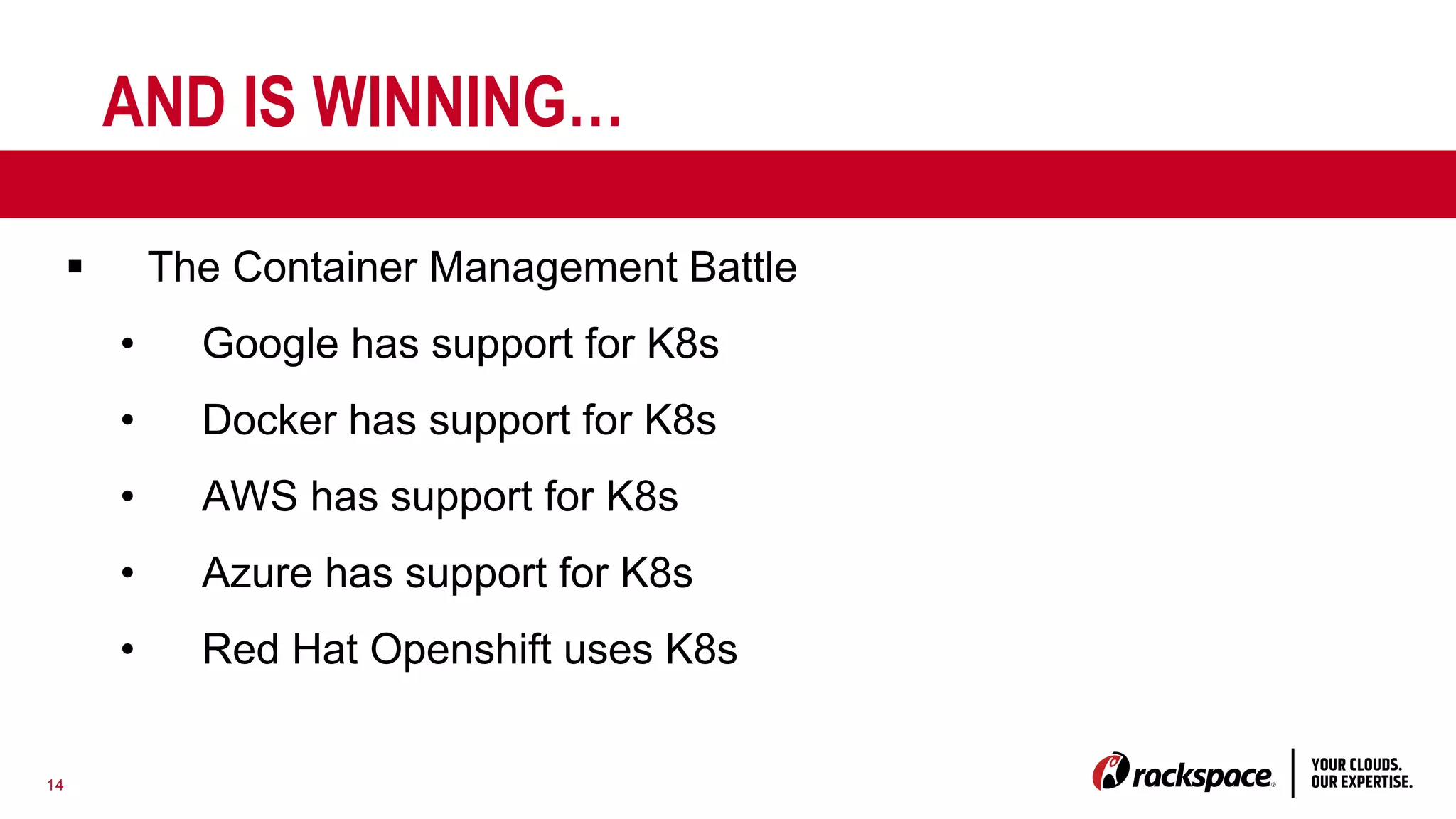 14
AND IS WINNING…
§ The Container Management Battle
• Google has support for K8s
• Docker has support for K8s
• AWS has support for K8s
• Azure has support for K8s
• Red Hat Openshift uses K8s
 