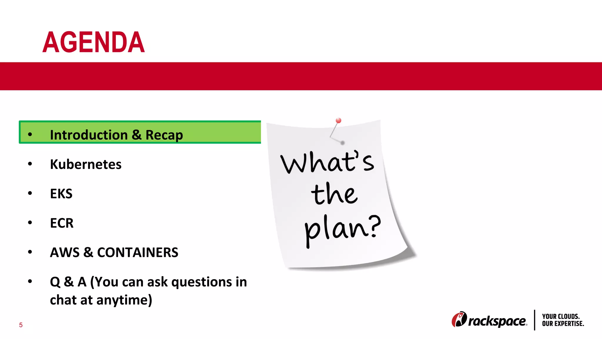 5
AGENDA
• Introduction & Recap
• Kubernetes
• EKS
• ECR
• AWS & CONTAINERS
• Q & A (You can ask questions in
chat at anytime)
 