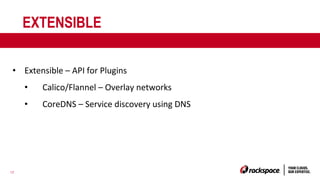17
EXTENSIBLE
• Extensible – API for Plugins
• Calico/Flannel – Overlay networks
• CoreDNS – Service discovery using DNS
 