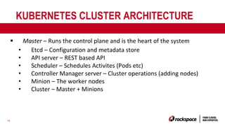 19
KUBERNETES CLUSTER ARCHITECTURE
§ Master – Runs the control plane and is the heart of the system
• Etcd – Configuration and metadata store
• API server – REST based API
• Scheduler – Schedules Activites (Pods etc)
• Controller Manager server – Cluster operations (adding nodes)
• Minion – The worker nodes
• Cluster – Master + Minions
 
